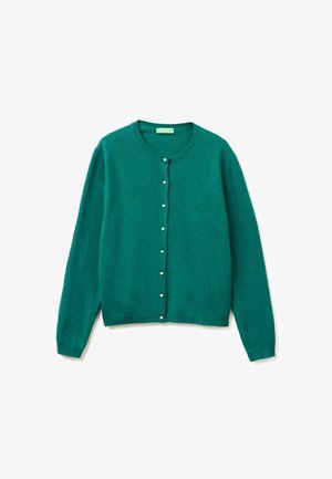 Türkise Strickjacke mit rundem Ausschnitt, langen Ärmeln und perlenähnlichen Knopfverschlüssen auf der Vorderseite; hergestellt aus einem weichen Strickstoff.