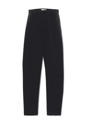 Pantaloni di cotone neri con design a gamba dritta, dotati di chiusura a bottone e passanti per cintura. Texture liscia, senza motivi o accenti visibili.