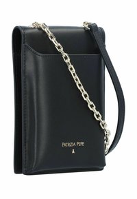 Black leather crossbody bag with gold chain strap, rectangular shape, front pocket, and embossed logo detail. Smooth texture.