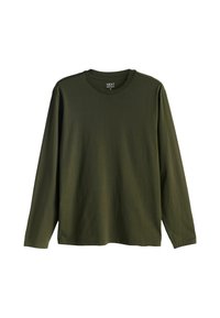 Oliivinvihreä pitkähihaisen t-paita, valmistettu pehmeästä puuvillasta, jossa on pyöreä kaula-aukko ja yksinkertainen, suoraleikkainen muotoilu ilman näkyviä kuvioita.