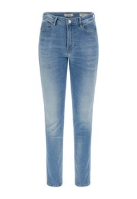 Világoskék skinny farmernadrág, öt zsebből, övhurkokkal és gombos zárással a deréknál. Fakó mosás, enyhe textúrával.