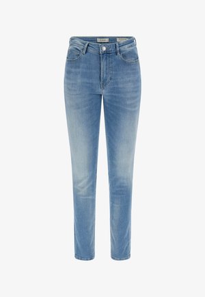 Világoskék skinny farmernadrág, öt zsebből, övhurkokkal és gombos zárással a deréknál. Fakó mosás, enyhe textúrával.