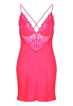 Leuchtend pinkes Satin-Nachthemd mit Spitzenbesatz an Brust und Saum, mit dünnen, sich kreuzenden Trägern am Rücken.