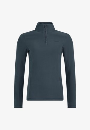 Dark blue long-sleeve fleece pullover with a high collar and quarter-length zipper with "Protest" branding on the chest and zipper area.