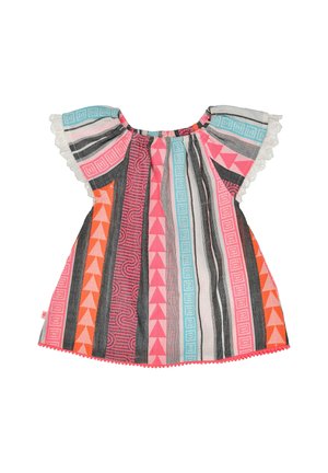 Mädchenkurzarmkleid mit bunten, geometrischen vertikalen Streifen und weißer Lochspitze an den Ärmeln.