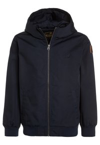 Giacca con cappuccio blu navy realizzata in tessuto liscio, con zipper frontale, polsini e orlo a costine, e un piccolo logo sul petto.