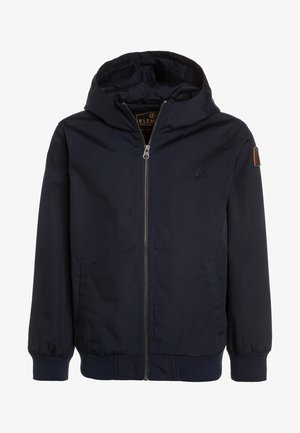 Giacca con cappuccio blu navy realizzata in tessuto liscio, con zipper frontale, polsini e orlo a costine, e un piccolo logo sul petto.