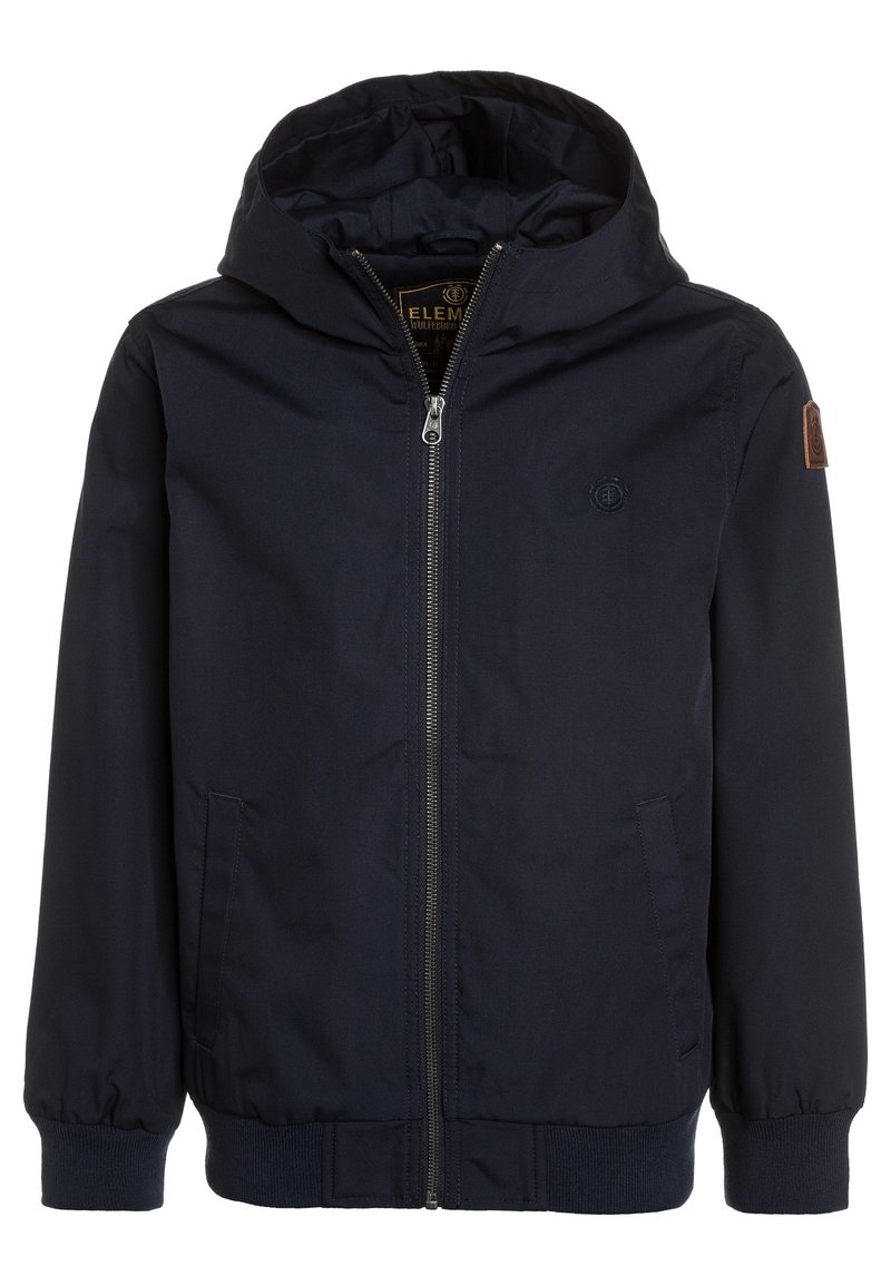 Giacca con cappuccio blu navy realizzata in tessuto liscio, con zipper frontale, polsini e orlo a costine, e un piccolo logo sul petto.