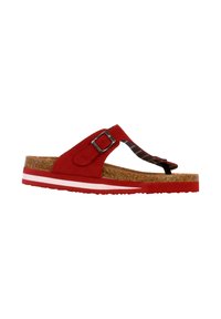 Red suede flip-flop sandal with a cork sole, featuring a decorative strap, silver buckle detail, and white and red striped accents.