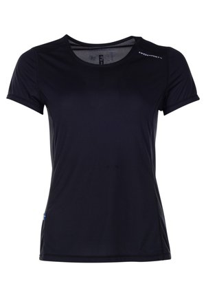 Black short-sleeve athletic t-shirt made from lightweight fabric. Features a crew neck, textured surface, and brand logo on the shoulder.