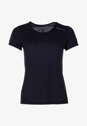 Zwarte sport T-shirt met korte mouwen, gemaakt van lichtgewicht stof. Heeft een ronde hals, een gestructureerd oppervlak en een merklogo op de schouder.