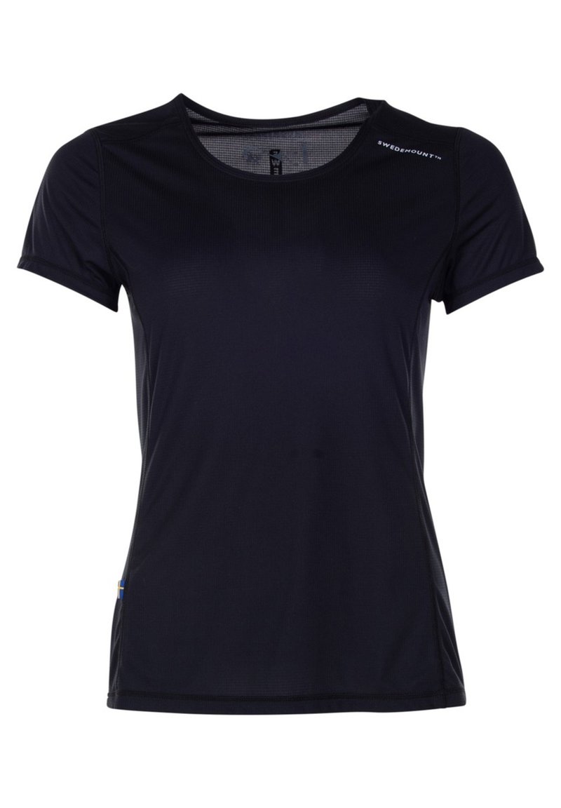 Black short-sleeve athletic t-shirt made from lightweight fabric. Features a crew neck, textured surface, and brand logo on the shoulder.