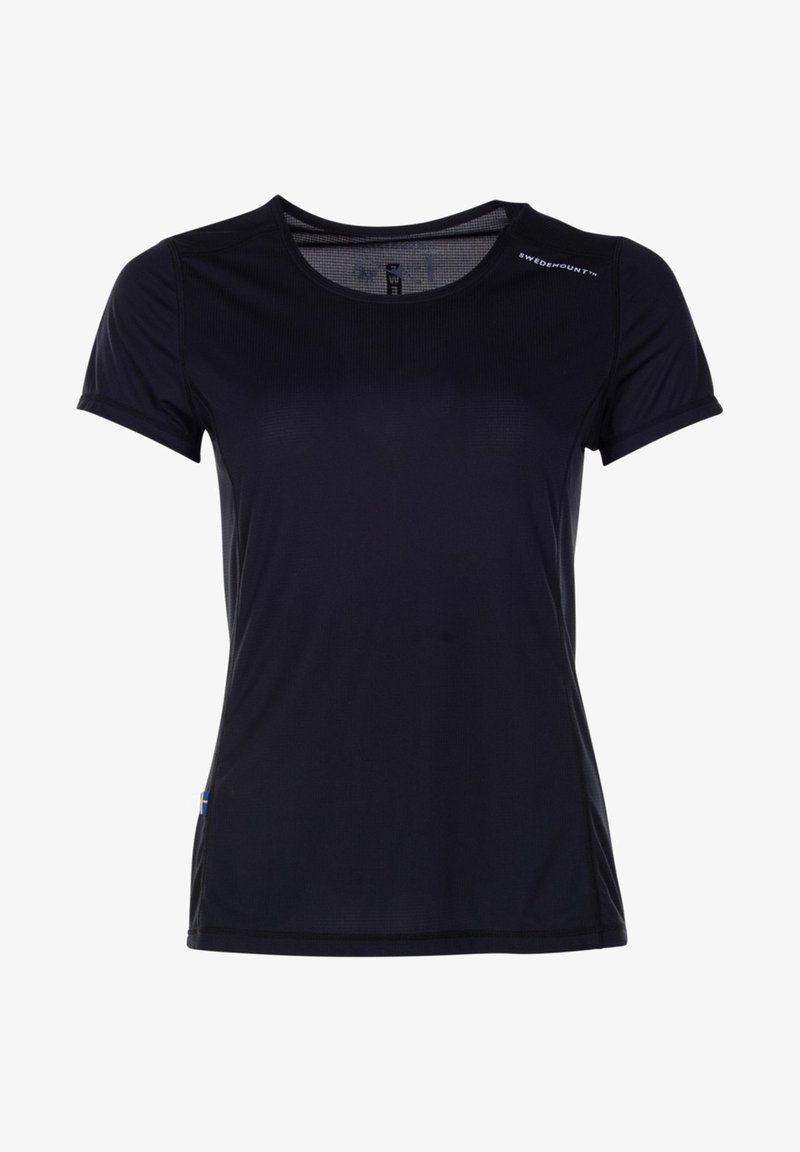 Sort kortærmet sportstrøje lavet af letvægtsstof. Har rund hals, tekstureret overflade og brandlogo på skulderen.