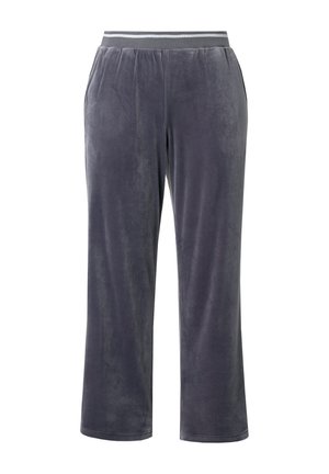 Pantalones de lounge de terciopelo gris con una textura suave, que cuentan con una cintura elástica ancha con un detalle a rayas en contraste. Diseño de piernas rectas.