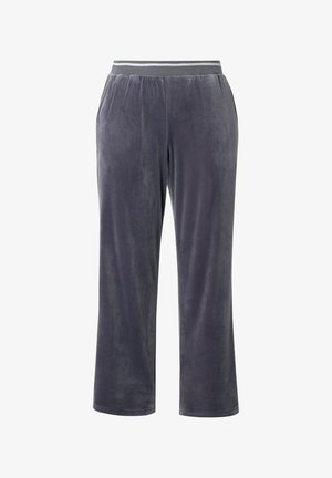 Szare welurowe spodnie dresowe o miękkiej fakturze, z szerokim elastycznym paskiem w talii ozdobionym kontrastowym paskiem w paski. Prosty krój nogawek.