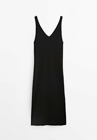 Schwarzes ärmelloses Kleid mit V-Ausschnitt, figurbetontem Design und gerippter Textur. Geeignet für legere oder formelle Anlässe.