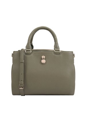 Groene leren handtas met bovenhandvatten en een verwijderbare schouderband. Voorzien van een ritssluiting en een ronde logo-accent op de voorkant.