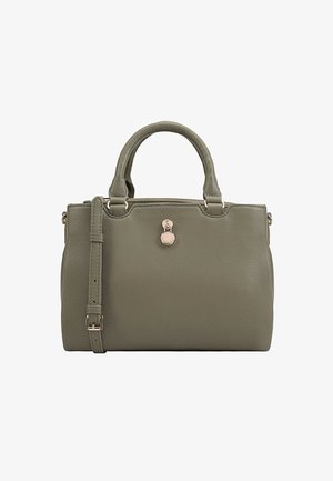Green leather handbag with top handles and a removable shoulder strap. Features a zip closure and a round logo accent on the front.