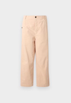 Beige katoenen cropped broeken met een rechte pasvorm, voorzien van een enkele knop in de taille en zijzakken. Gladde textuur zonder patronen.