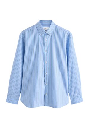 Hele sinine meeste pikkade varrukatega särk valgete ja tumedate vertikaalsete triipudega, nupuga kraega ja valgete ees nuppudega.