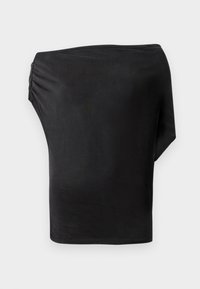 Zwarte asymmetrische top van soepel, elastisch materiaal met een geplooid detail aan één kant. Minimalistisch ontwerp, met één lange mouw.