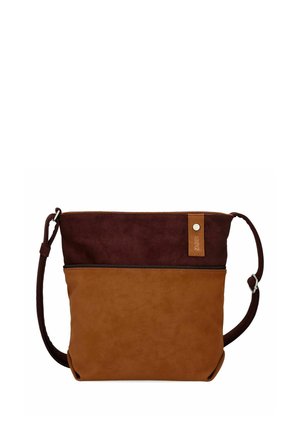 Borsa a tracolla marrone bicolore con tracolla regolabile e scomparti con zip in alto e davanti su sfondo bianco.