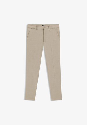 Beige trousers with a textured fabric, slim fit design, two front pockets, and a belt loop waistband. Features a single button closure.