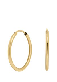 Guldörhängen i form av hoops med en slät, polerad yta. Cirkulär form, enhetlig bredd, enkelt låsmekanismer och inga synliga utsmyckningar.