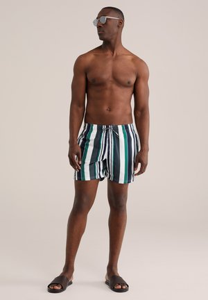 Muž v pruhovaných plavkách, slnečných okuliaroch a čiernych šľapkách stojaci pred jednoduchým svetlým pozadím.