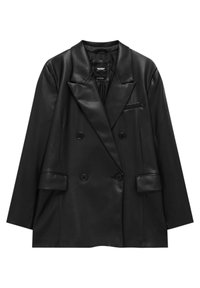 Blazer double boutonnage en simili cuir noir avec revers, deux poches avant et une poche poitrine ; texture lisse et coupe cintrée.