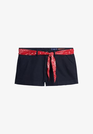 Navy shorts made of cotton with a red bandana belt tied at the waist. Features two front pockets and a classic cut.