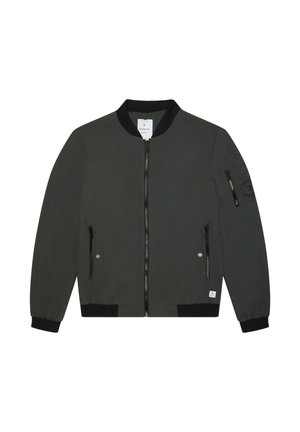 Veste bomber noire avec fermeture éclair sur le devant, poignets et ourlet côtelés. Elle présente deux poches latérales et une poche sur la manche avec un badge circulaire. Texture lisse.