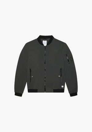 Veste bomber noire avec fermeture éclair sur le devant, poignets et ourlet côtelés. Elle présente deux poches latérales et une poche sur la manche avec un badge circulaire. Texture lisse.