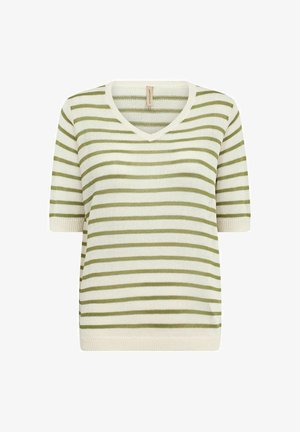 Grøn- og hvidstribet kortærmet v-hals sweater med en løs pasform. Strikket tekstur og ribbede kanter på halsudskæringen og ærmerne.