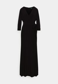 Vestido negro de manga larga y corte envolvente con un escote en V profundo y cintura con lazo. Presenta un corsé ajustado y una falda fluida. Tela suave con una textura lisa.