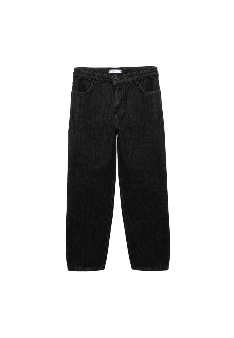 Schwarze Jeans aus Denim mit geradem Schnitt, Knopf- und Reißverschluss, Fünf-Pocket-Design und gestickten Details entlang der Nähte.