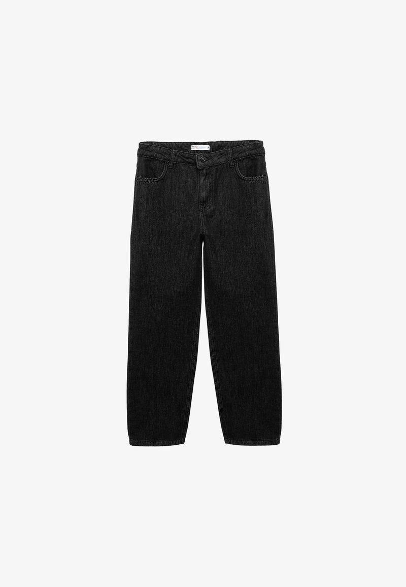 Schwarze Jeans aus Denim mit geradem Schnitt, Knopf- und Reißverschluss, Fünf-Pocket-Design und gestickten Details entlang der Nähte.