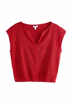 Rød tekstureret bluse med korte ærmer, V-hals og elastisk kant, størrelse medium, fra mærket NEXT.