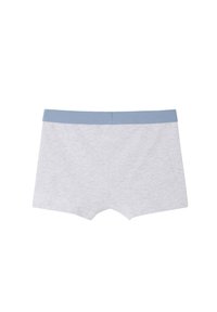 Gray cotton boxer shorts with a light blue elastic waistband, featuring a smooth texture and a straight cut design. No patterns or accents.