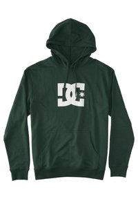 Tmavě zelená mikina s klokaní kapsou vpředu, kapucí na šňůrku a velkým bílým logem DC na hrudi. Měkký materiál, ležérní design.