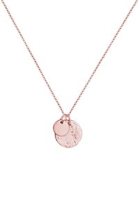 Halskette aus Roségold mit einer zarten Kette und zwei runden Anhängern, einem glatten und einem strukturierten, die mit kleinen Ringen verbunden sind.