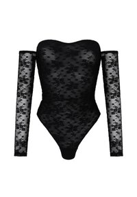 Zwarte kanten bodysuit met off-shoulder ontwerp, lange doorschijnende mouwen, bloemmotief en een zachte textuur. Strak aansluitend met een lage rug.