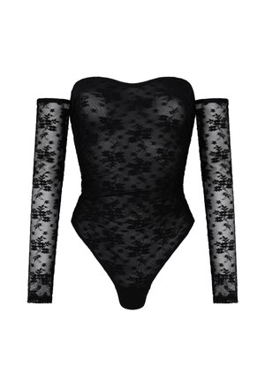 Schwarzer Spitzen-Bodysuit mit schulterfreiem Design, langen transparenten Ärmeln, floralem Muster und glatter Textur. Figurbetont mit einem tiefen Rückenausschnitt.