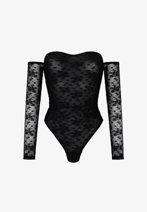 Body in pizzo nero con design off-shoulder, maniche lunghe trasparenti, motivo floreale e texture liscia. Adattato al corpo con schiena bassa.