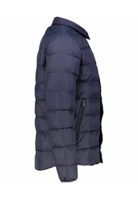 Giacca puffer blu navy con design trapuntato, caratterizzata da un colletto alto e tasca laterale con zip per un tocco di dettagli e funzionalità in più.