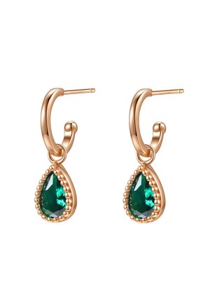 Rose gold hoop earrings feature teardrop green gemstones, bordered with small beads. The design includes a secure clasp for closure.