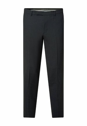 Maßgeschneiderte dunkelgraue Hose aus strukturiertem Stoff, mit flachem Vorderteil, schrägen Seitentaschen und einem eleganten, schlanken Schnitt.