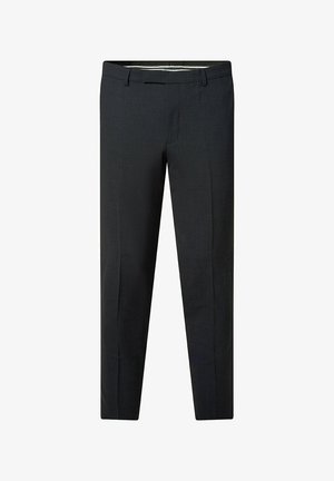 Maßgeschneiderte dunkelgraue Hose aus strukturiertem Stoff, mit flachem Vorderteil, schrägen Seitentaschen und einem eleganten, schlanken Schnitt.