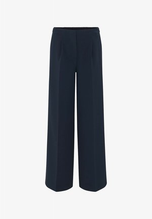 Wide-leg trousers in dark navy, featuring a smooth fabric, tailored pleats, and a high waist design. No visible pockets or embellishments.