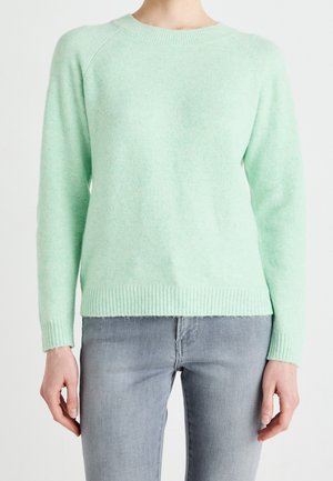 Vrouw in een lichtgroene gebreide trui en lichtgrijze slimfit jeans, staande tegen een eenvoudige witte achtergrond.